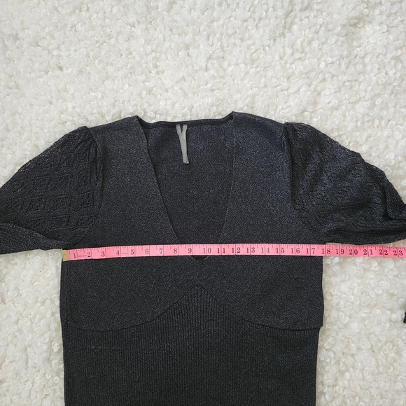 Anthropologie Sz L Metallic V-Neck Twofer Sweater Black Woven Sleeve Chic Night - Picture 12 of 15
